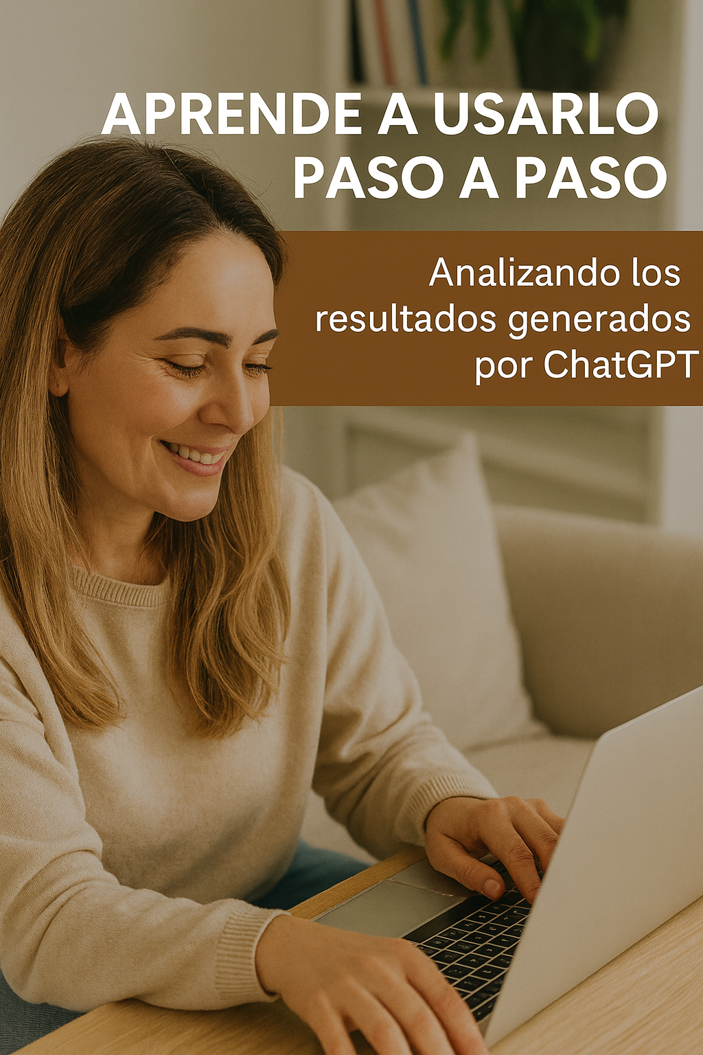 Mujer usando portátil para analizar resultados de ChatGPT en un entorno acogedor.