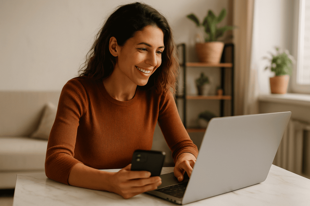 Emprendedora sonriente creando contenido con propósito desde su casa, usando laptop y celular como herramientas de marketing digital.