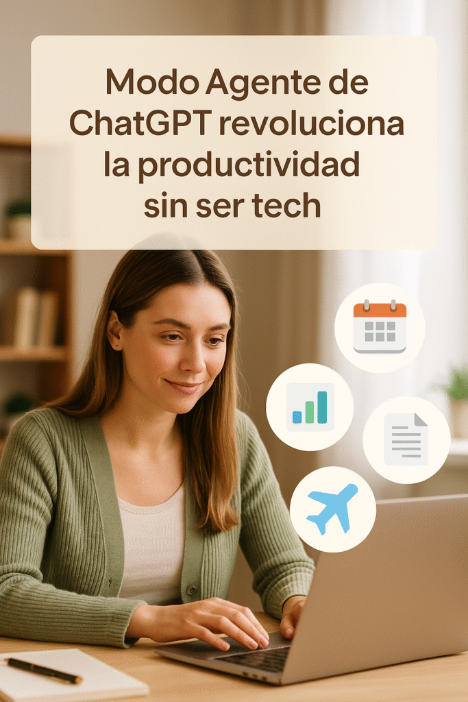 Mujer emprendedora usando el Modo Agente de ChatGPT en su portátil para automatizar tareas.