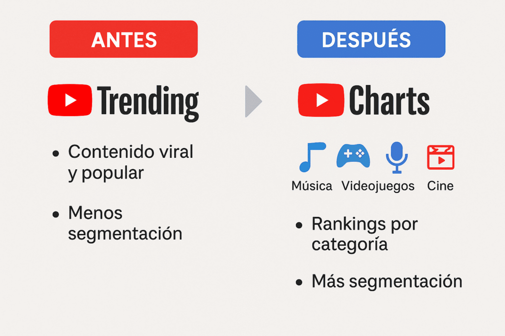 Infografía que compara la pestaña de Tendencias eliminada en YouTube con los nuevos YouTube Charts organizados por categorías como música, videojuegos y cine.