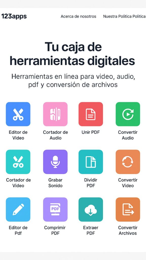 Captura de pantalla de 123apps mostrando herramientas digitales para editar, convertir y gestionar archivos.