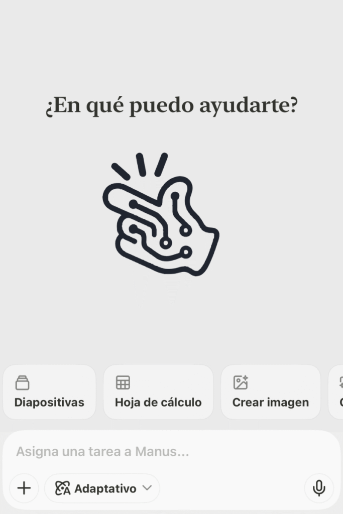 Vista de la app Manus AI con el mensaje “¿En qué puedo ayudarte?” y botones para crear diapositivas, hojas de cálculo e imágenes, como soluciones tecnológicas simples para marcas y emprendedores.