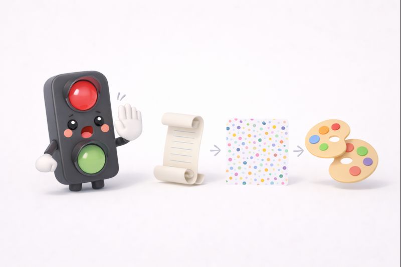 Visual de los errores típicos: guiones largos, fondos cargados y cambios de estilo que rompen la consistencia.