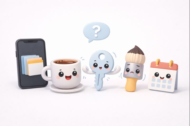 Collage visual con formatos de contenido (Reels/Shorts, carrusel, FAQs y series) aplicados a objetos animados con IA.