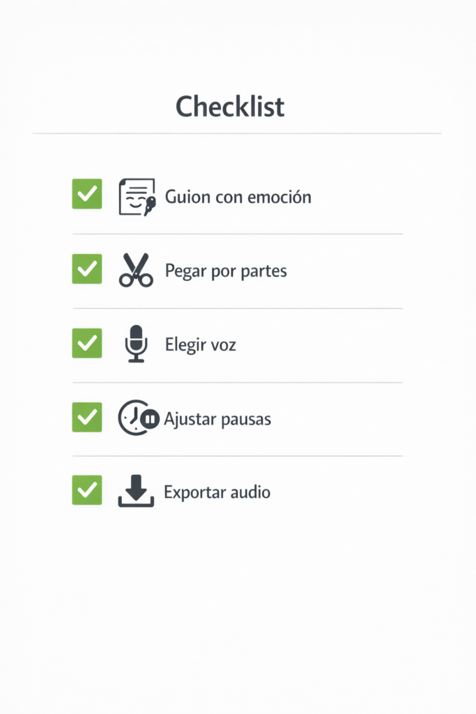 checklist para crear voces realistas gratis y voz en off en minutos Checklist final para que el lector aplique el proceso rápido