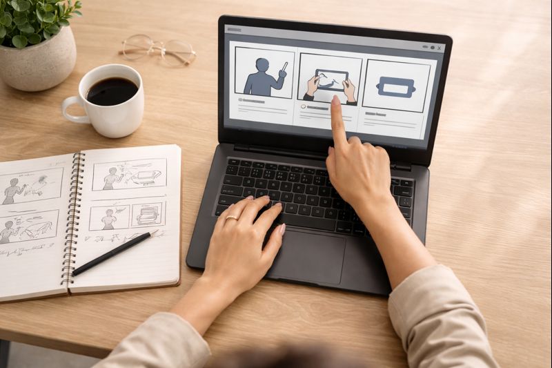 Plano editorial mostrando un storyboard en pantalla y una escena de trabajo con Higgsfield 3.0 ordenada que representa un flujo de creación “dirigido