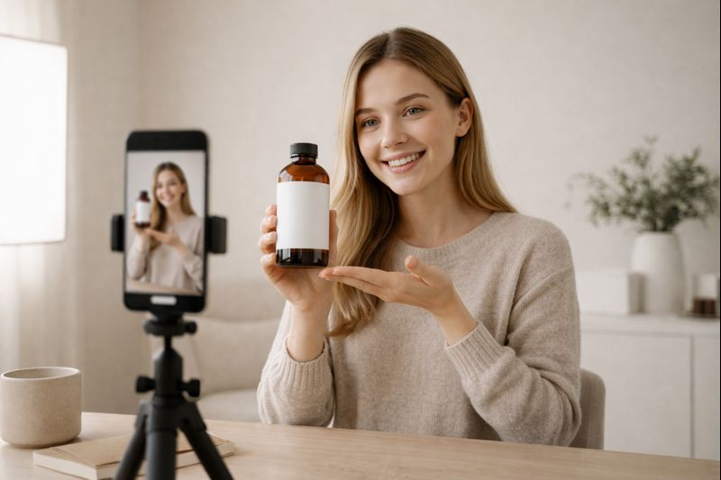 Escena editorial de creación de anuncios con Higgsfield 3.0 : móvil en trípode, luz suave y una persona grabando contenido tipo UGC (sin marcas ni productos identificables).