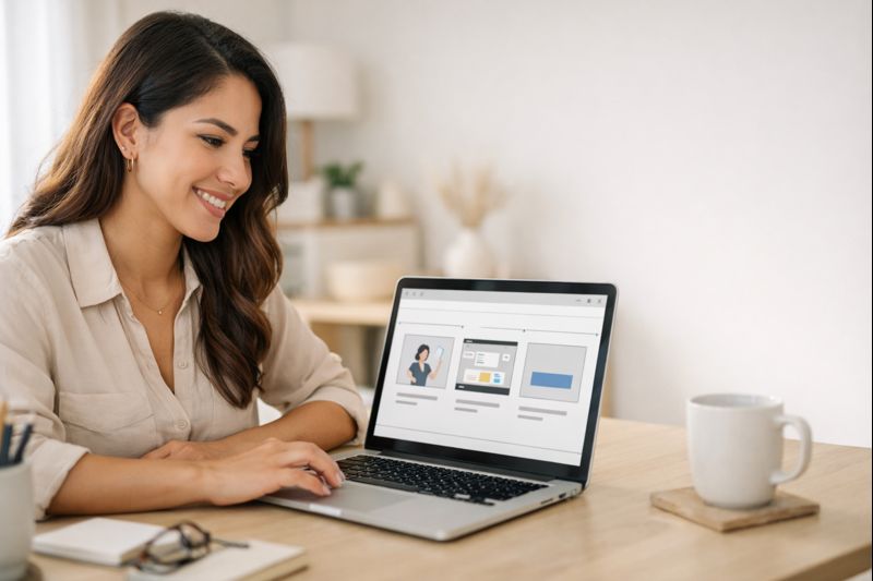 Emprendedora trabajando con Higgsfield 3.0 en un escritorio minimalista con un portátil que muestra un storyboard simple. Imagen de apertura sobre creación de video con IA y monetización.