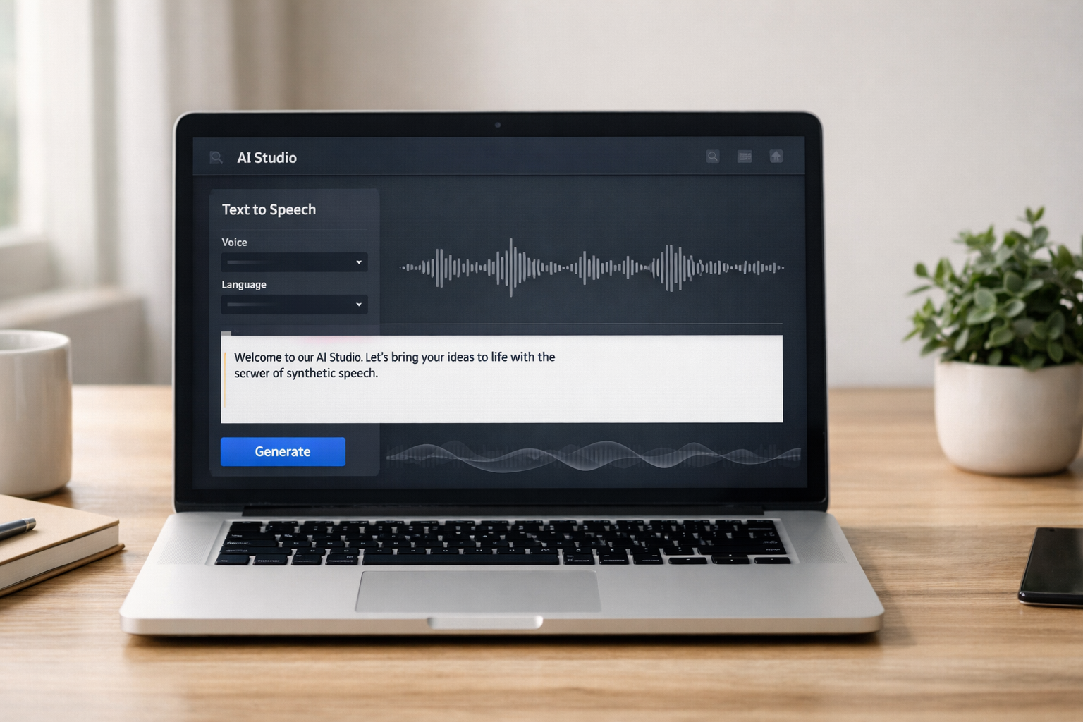 Portada con laptop y ondas de audio que representa generación de voz realista.