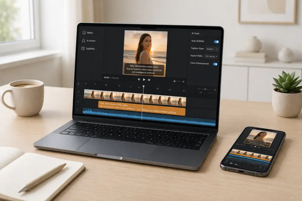 Proceso de edición en un editor de video con IA para reels Proceso de edición en un editor de video con IA para reels