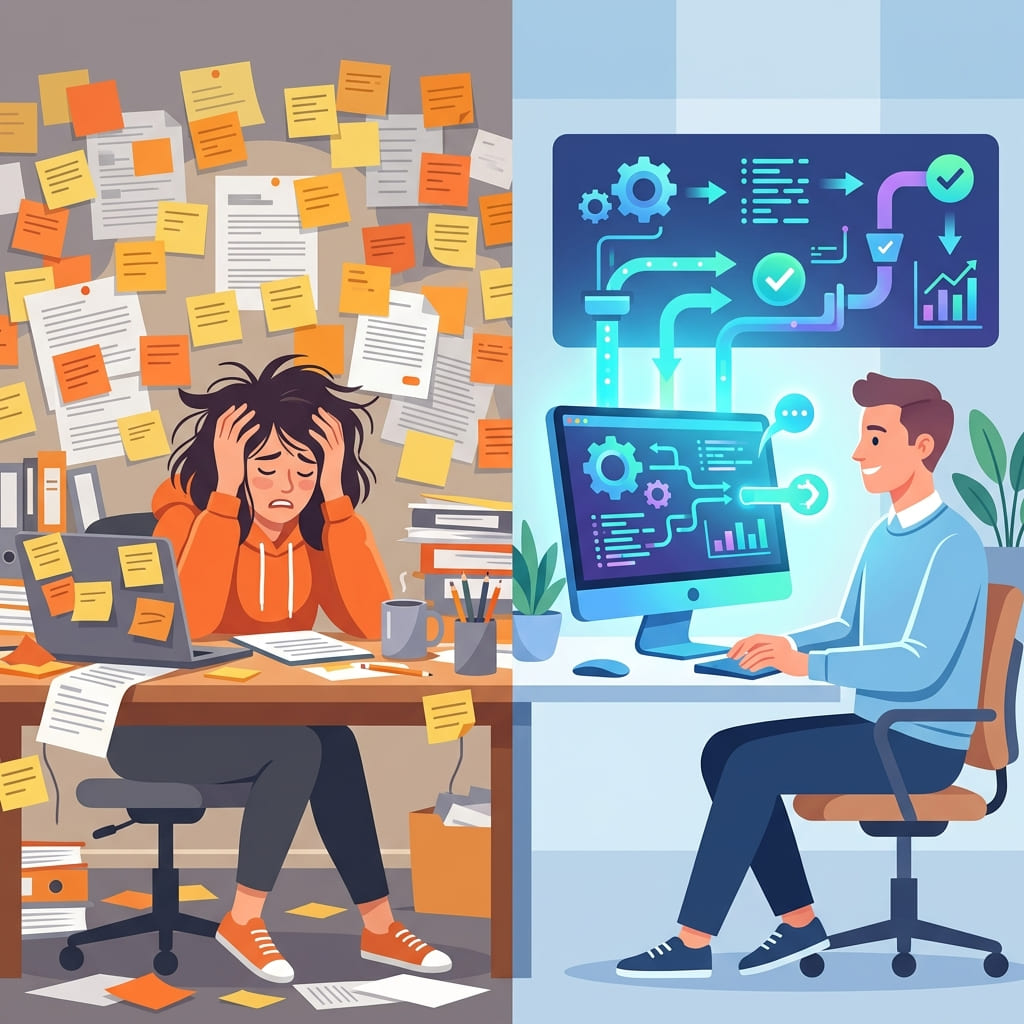 Comparativa entre crear contenido sin sistema y automatizar contenido con IA para redes sociales