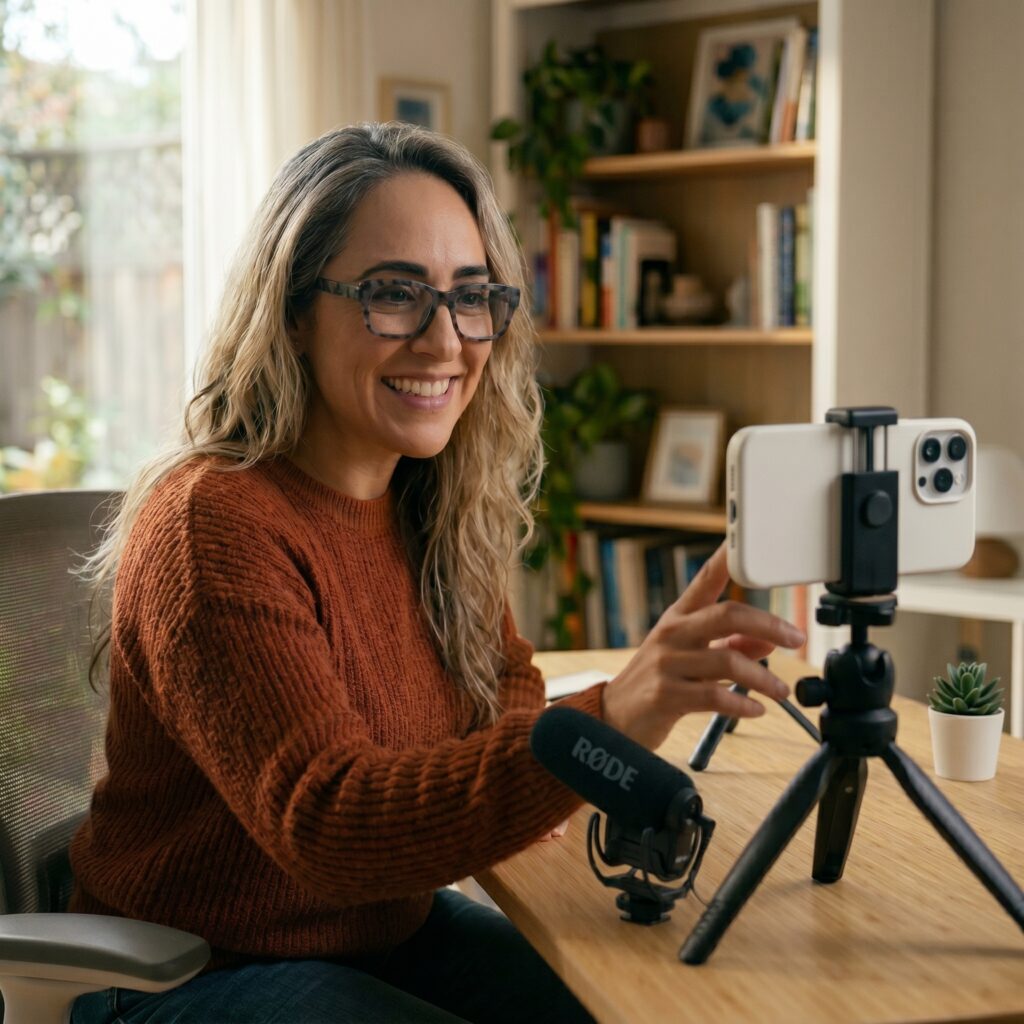 mujer grabando video de referencia para crear su avatar IA con HeyGen