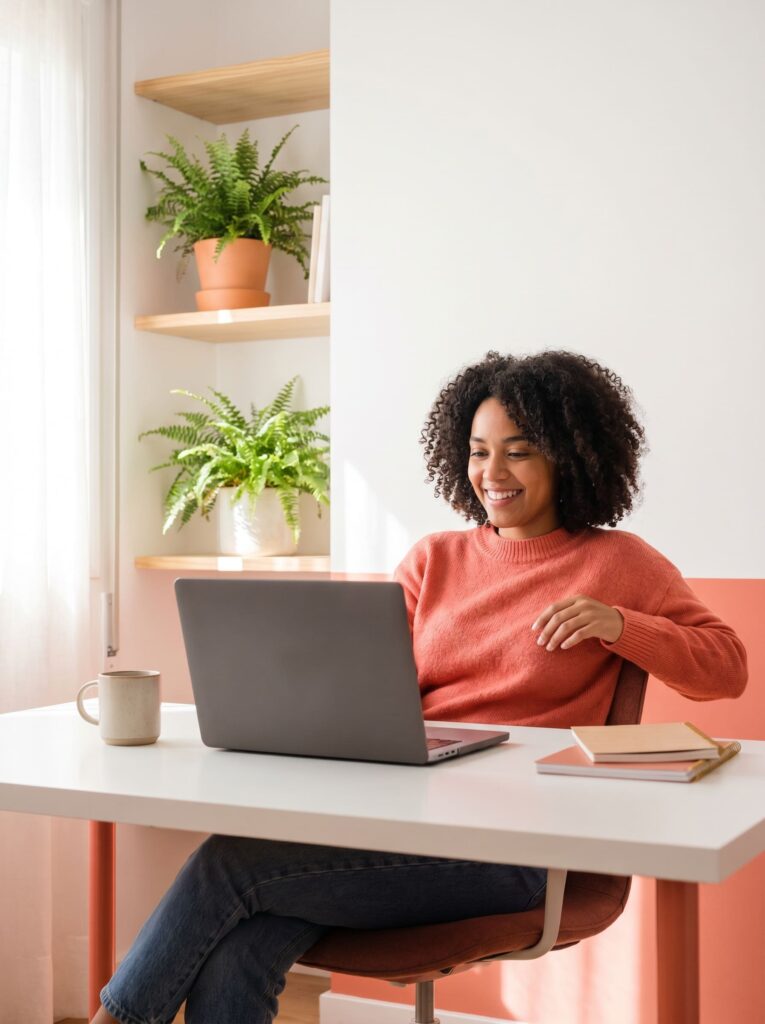 Emprendedora gestionando la programación de publicaciones en redes sociales desde casa