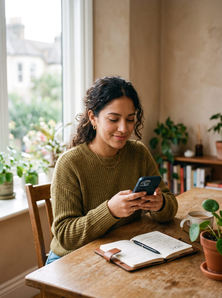 Emprendedora manteniendo su negocio digital en emergencia desde el teléfono