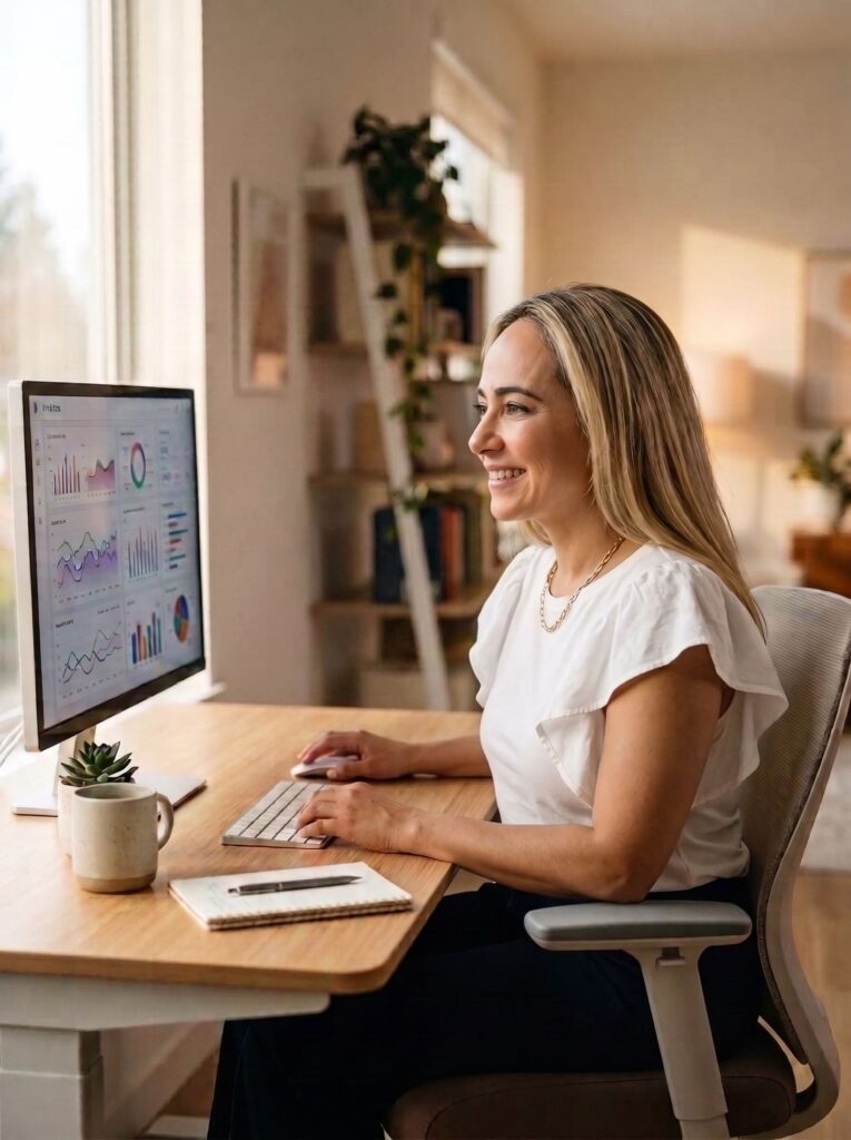 Emprendedora revisando métricas de posicionamiento en ChatGPT desde su espacio de trabajo Emprendedora revisando métricas de posicionamiento en ChatGPT desde su espacio de trabajo