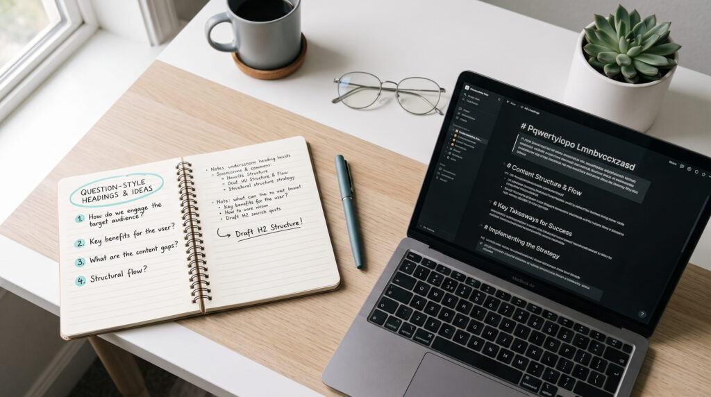 Notebook con estructura de artículo usando H2 en forma de preguntas para posicionamiento en ChatGPT Notebook con estructura de artículo usando H2 en forma de preguntas para posicionamiento en ChatGPT