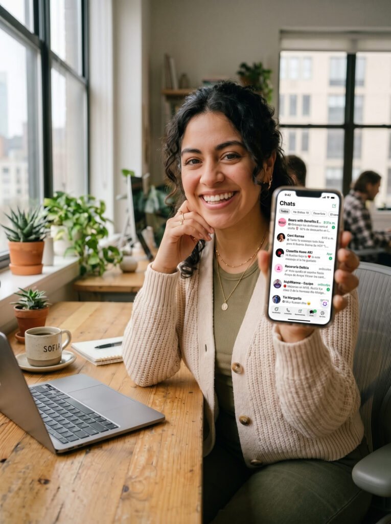 Emprendedora revisando funciones de Instagram y WhatsApp con IA en su celular