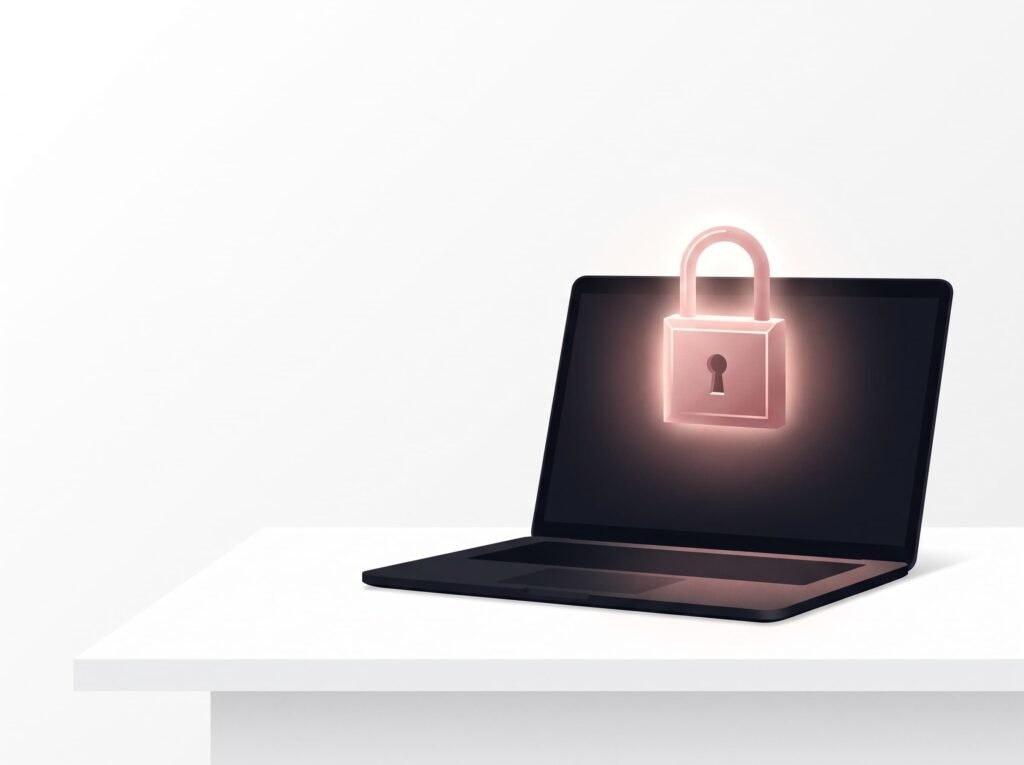 Ilustración de un candado rosado sobre una laptop que representa la seguridad de la cuenta de ChatGPT