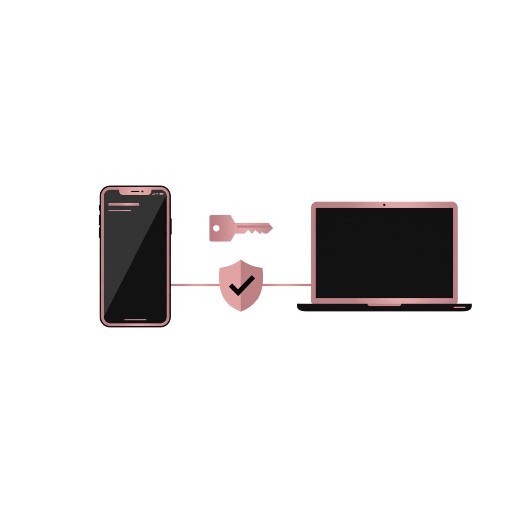 Ilustración de un teléfono y una laptop conectados por una llave, que representa la verificación en dos pasos