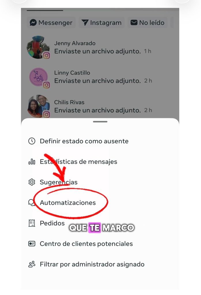 Menú de automatizaciones para configurar respuestas automáticas en WhatsApp Business